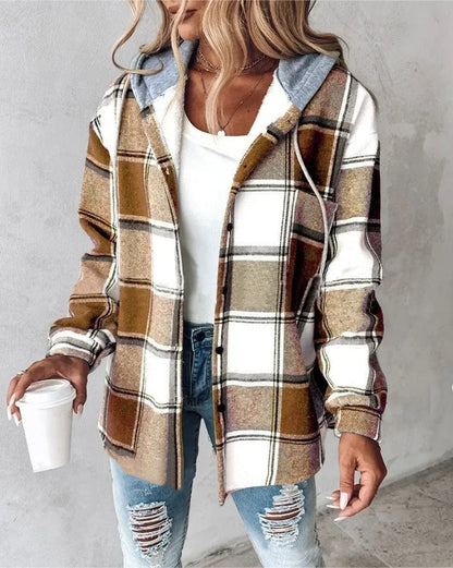 Plaid Hooded Jacket Fashion Casual Button Pocket Coat Autumn And Winter Women's Clothing