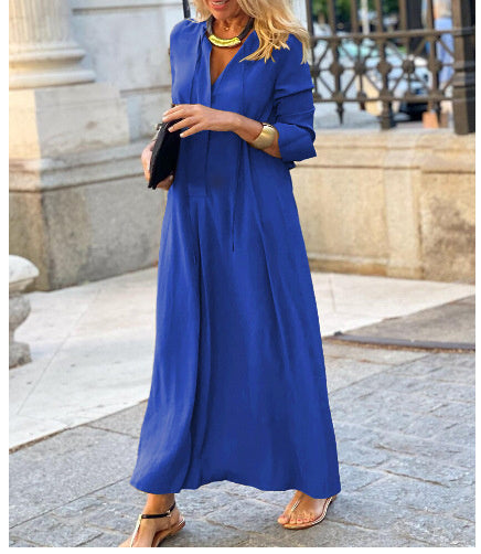 Long-sleeved Shirt Dress Fashion Loose V-neck Long Dresses Spring And Autumn Clothing For Women