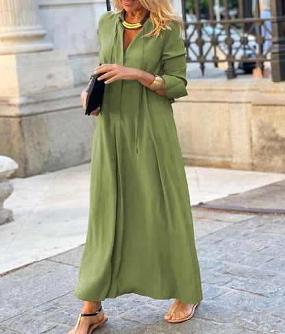 Long-sleeved Shirt Dress Fashion Loose V-neck Long Dresses Spring And Autumn Clothing For Women