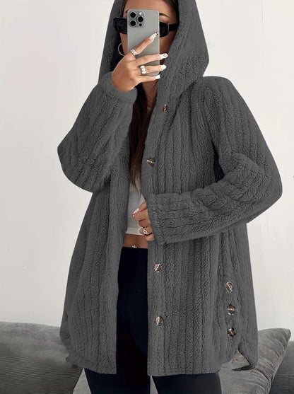 Women's Solid Color Long Sleeve Hooded Loose Plush Coat