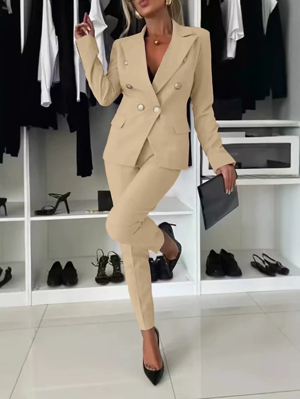 New All-matching Casual Suit Lapel Button-down Jacket And Slim-fit Trousers For Women's Office Business Set Clothing
